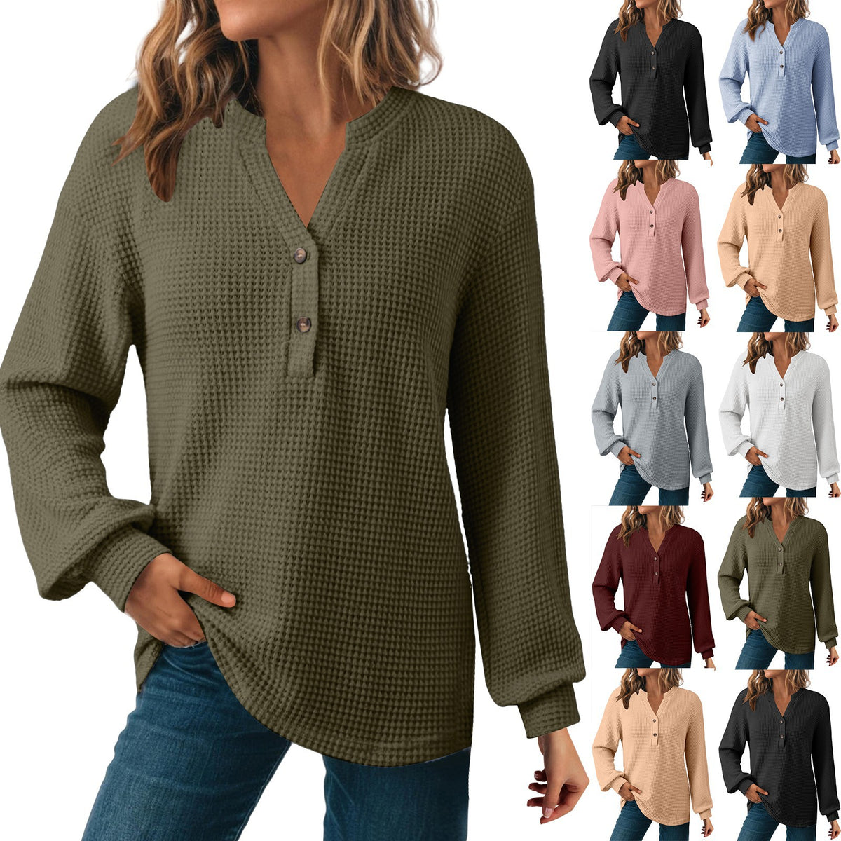 Women's Waffle Knit Long Sleeve Henley Top
