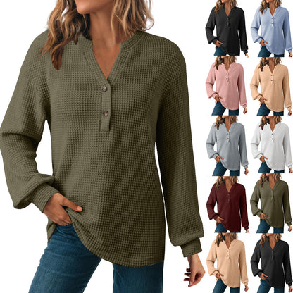 Women's Waffle Knit Long Sleeve Henley Top