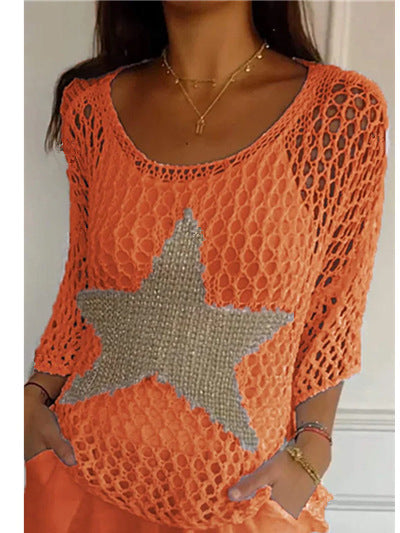 Women's Star Crochet Sweater 3/4 Sleeve Lightweight Top
