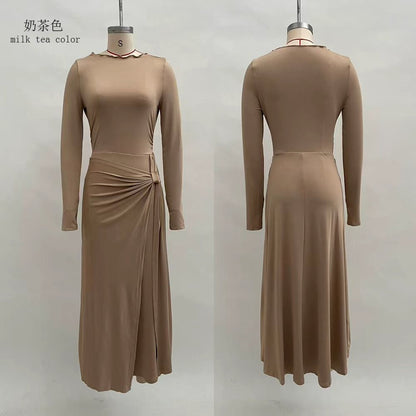 Women's Long Sleeve Knot Waist Maxi Dress A-Line