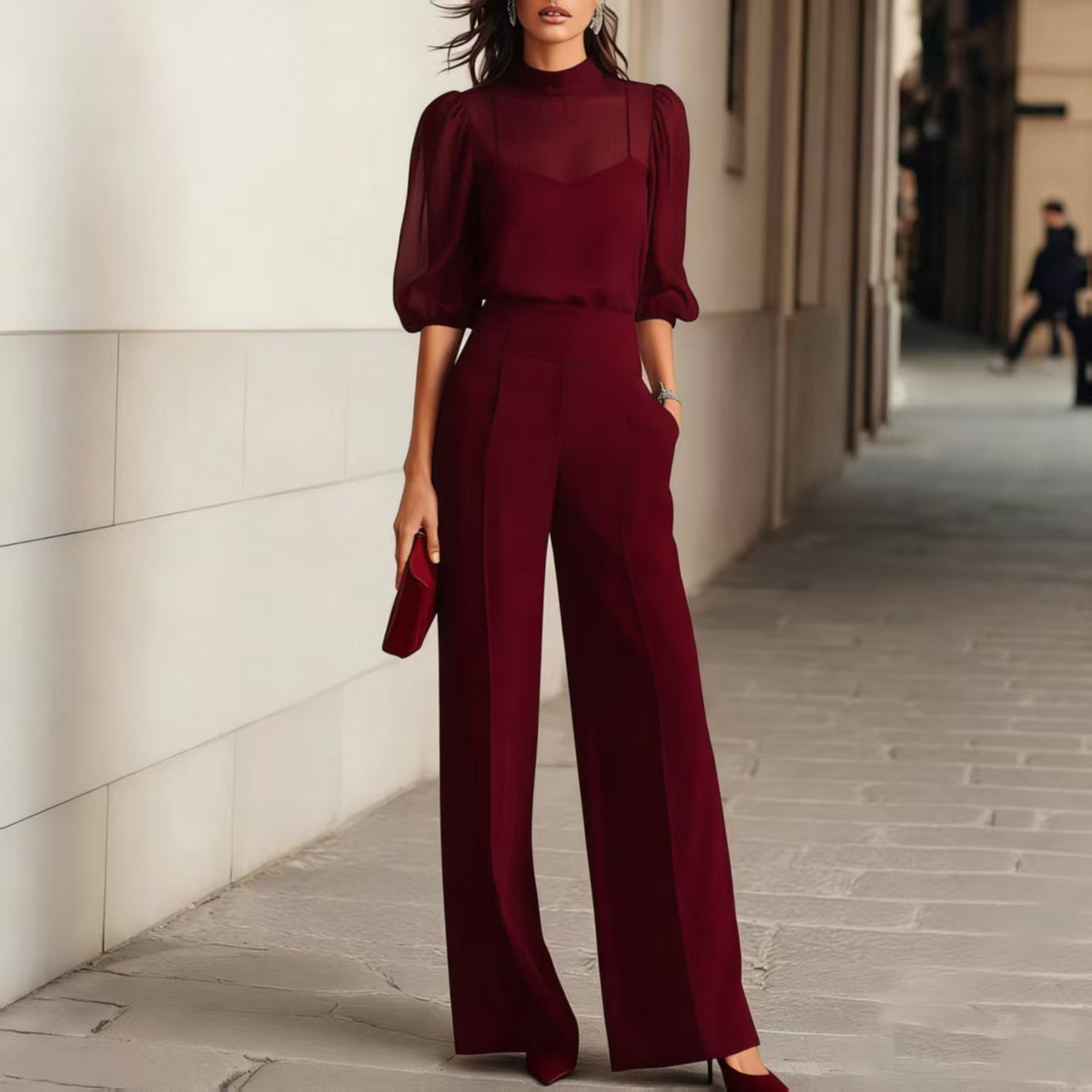 Women Elegant Sheer Top Wide Leg Pants 3 Piece Set
