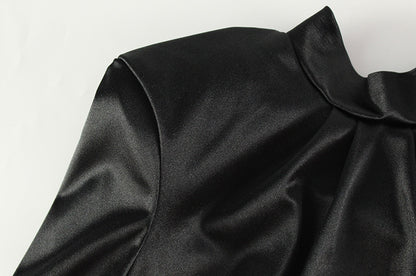 Satin Bell Sleeve Mock Neck Lace Trim Mini Dress
