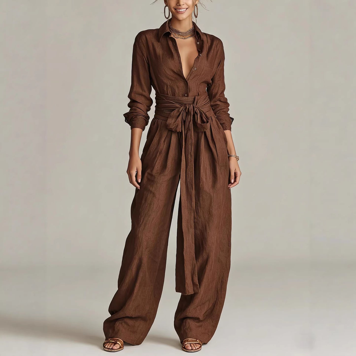 Women's Linen Blend Shirt High Waist Wide Leg Pants Set