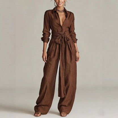 Women's Linen Blend Shirt High Waist Wide Leg Pants Set