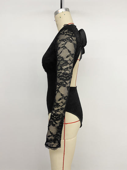 Black Lace V Neck Long Sleeve Slim Fit Bodysuit
