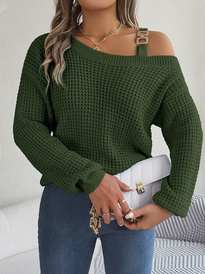2025 Fall Winter Casual Off-Shoulder Lantern Sleeve Sweater with Metal Accents