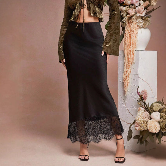 Acetate Satin Mermaid Skirt Lace Trim Mid-Length Elegant Dress