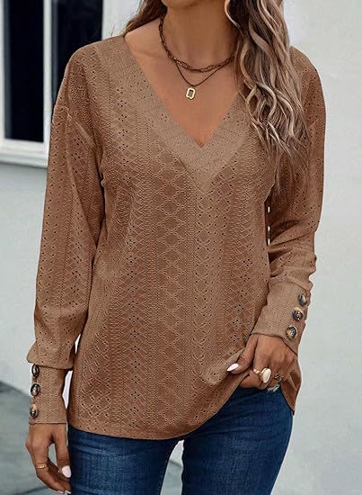 Eyelet V Neck Long Sleeve Loose Fit Casual Blouse