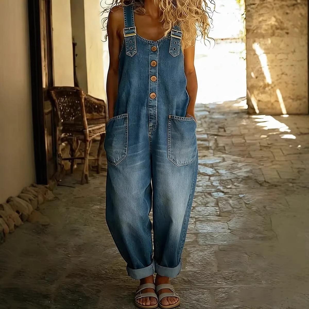 Women's Washed Denim Overalls Adjustable Strap Jumpsuit