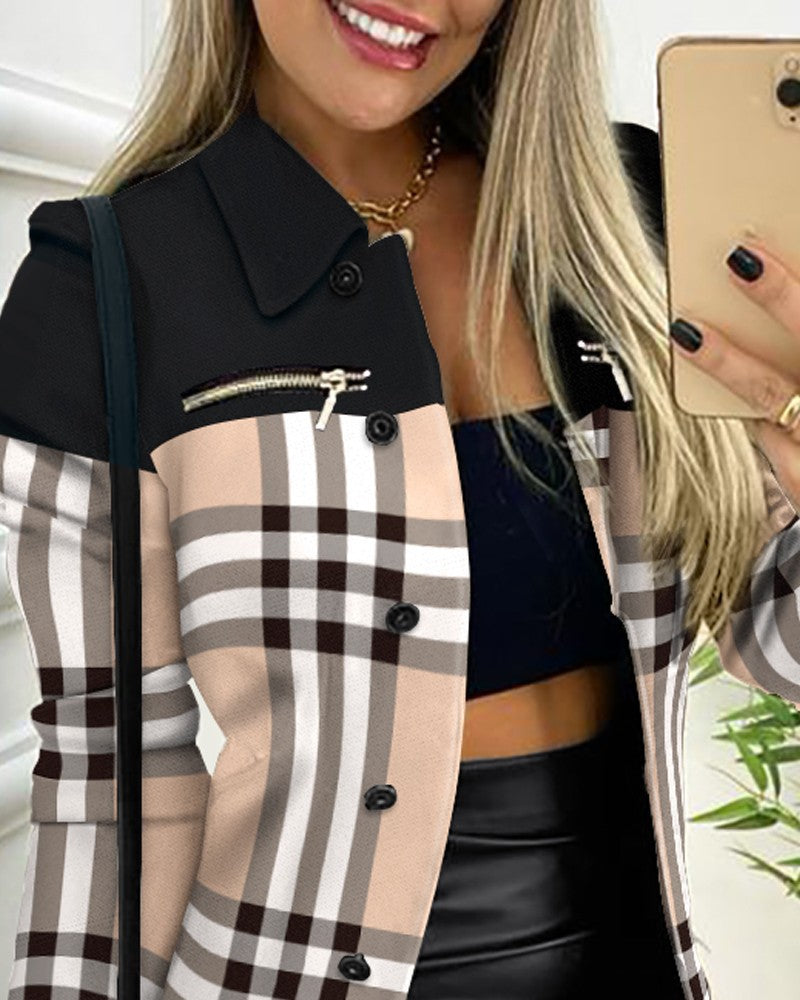 Women's Geometric Zip Up Puff Sleeve Blazer Jacket