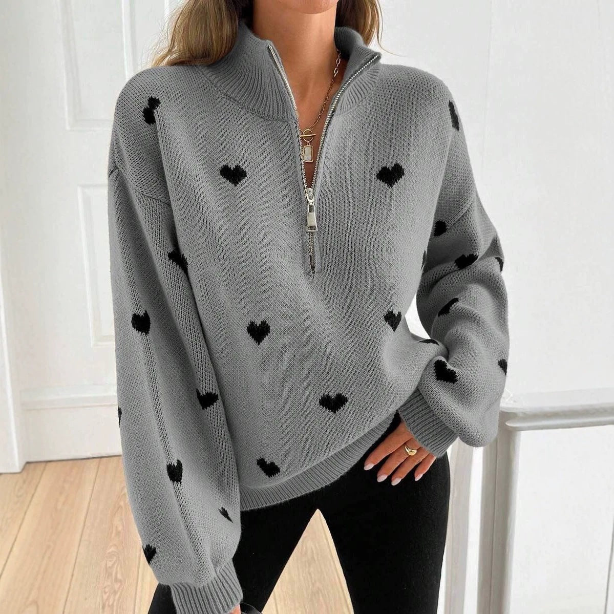 Women's Oversized Heart Print Quarter Zip Knit Sweater