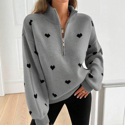 Women's Oversized Heart Print Quarter Zip Knit Sweater