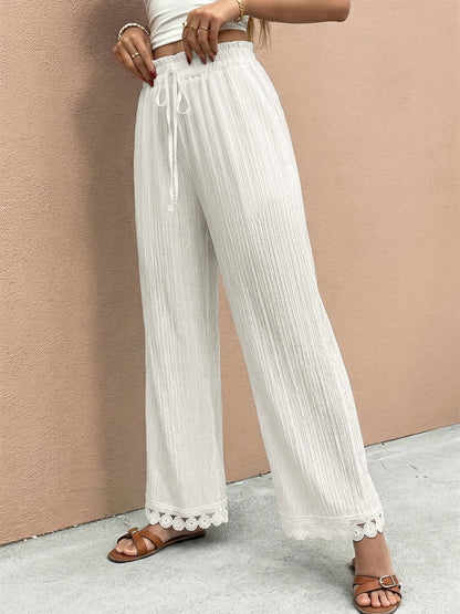 Lace Trim Wide Leg Pants Drawstring Casual Beach Trousers