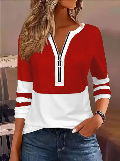 Women's Color Block Quarter Zip Long Sleeve Plus Size Top