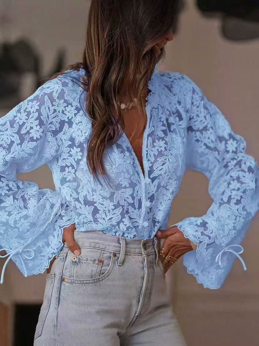 Women's Sheer Floral Lace Blouse Button Up Tie Sleeve