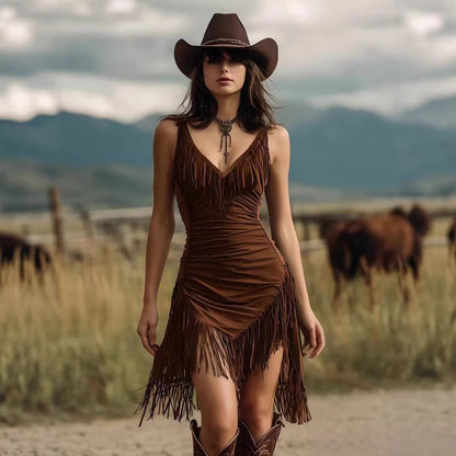 Sexy Cowgirl Fringe Mini Dress Deep V Neck Bodycon
