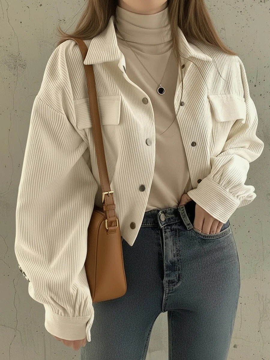 Corduroy Cropped Shacket Snap Front Relaxed Fit