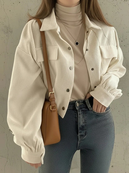 Corduroy Cropped Shacket Snap Front Relaxed Fit