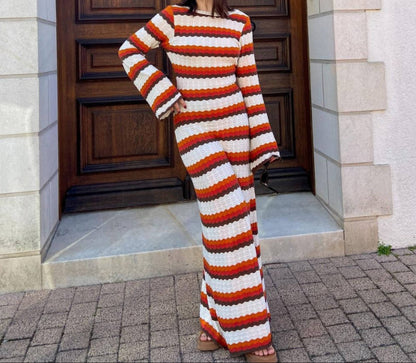 Striped Crochet Maxi Dress Long Sleeve Boho Beach Vacation
