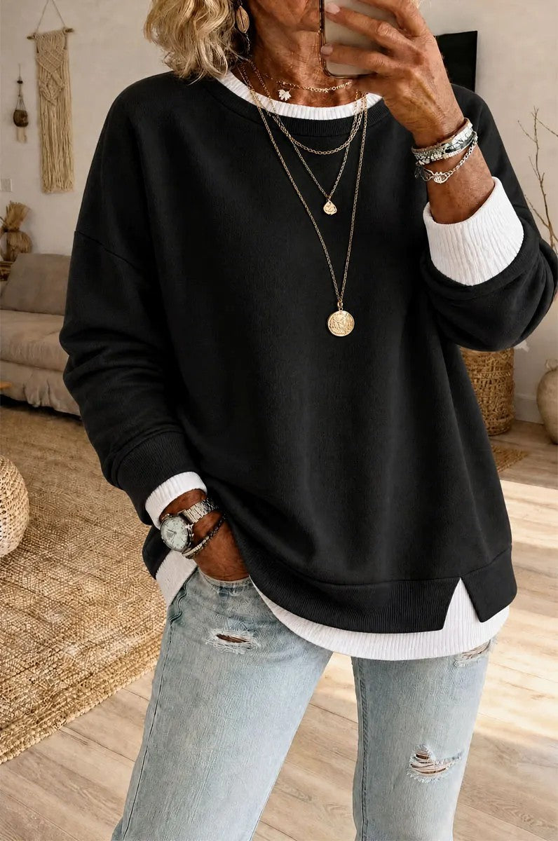 Oversized Layered Crewneck Sweatshirt Side Slit Ribbed