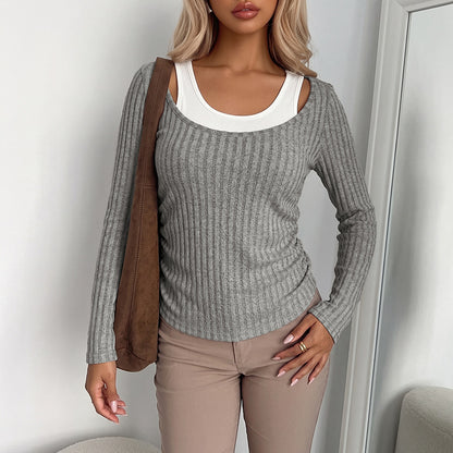 Ribbed Knit Layered Top Scoop Neck Long Sleeve Fitted