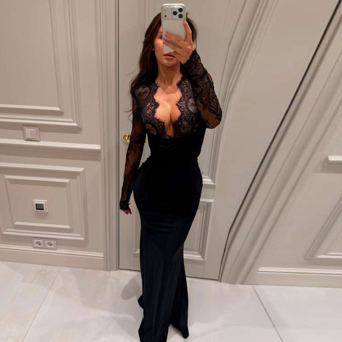 Sexy Black Lace Bodycon Dress Deep V Neck Long Sleeve