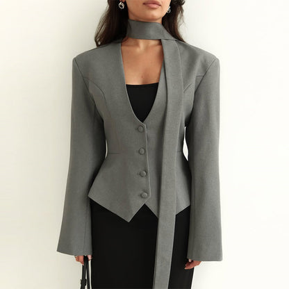 Women's Scarf Neck V-Neck Slim Fit Blazer Long Sleeve