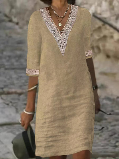 Women's Cotton Linen V-Neck Lace Trim Casual Midi Dress