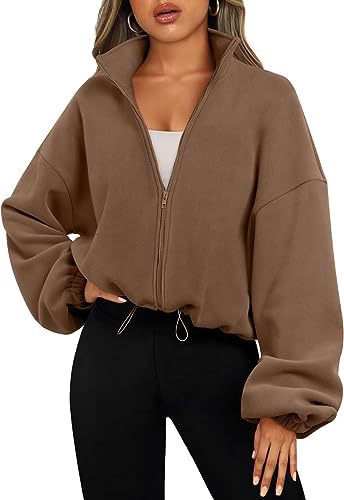 Womens Oversized Fleece Zip Up Jacket Stand Collar Cropped