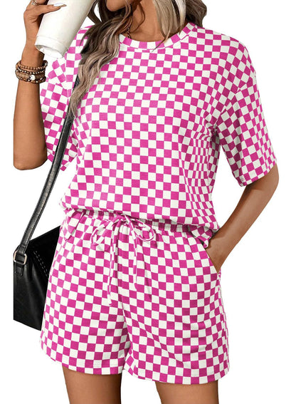 Rose Red Checkerboard Tee and Drawstring Shorts Set