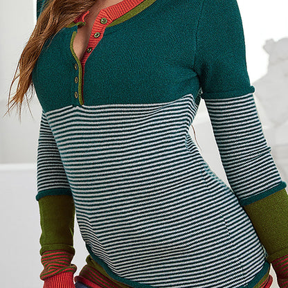 Womens Color Block Striped Henley Knit Sweater