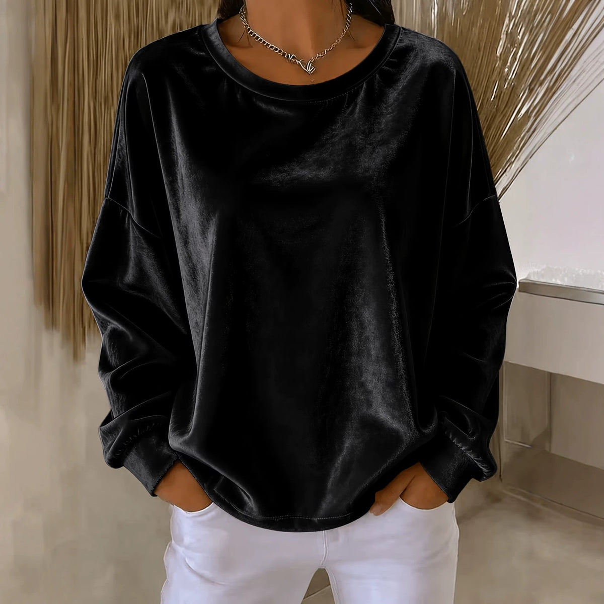 Women Velvet Long Sleeve Crew Neck Casual Tunic Top