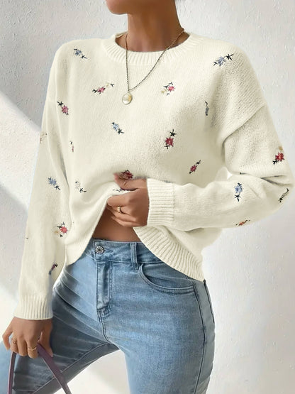 Women's Floral Embroidered Crew Neck Knit Sweater