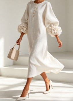 Women's Linen Midi Dress 3D Floral Cuff Button Front