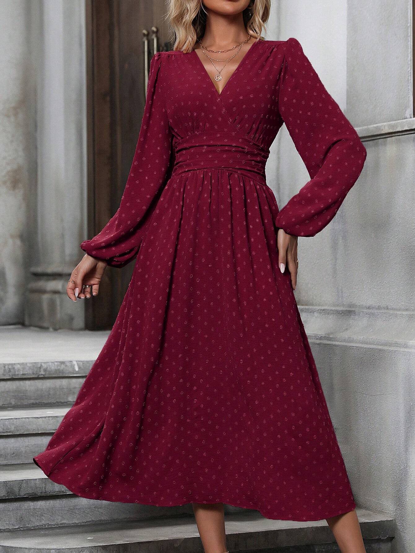 V-Neck Balloon Sleeve Maxi Dress Smocked High Waist A-Line