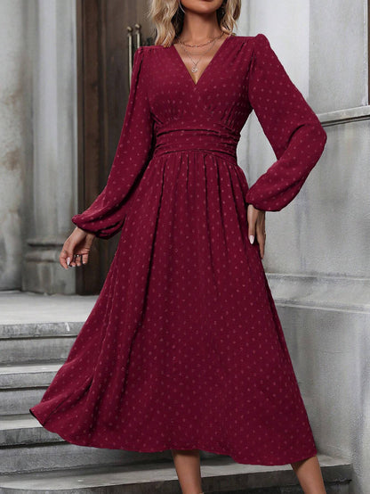 V-Neck Balloon Sleeve Maxi Dress Smocked High Waist A-Line