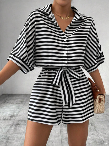 Striped Belted Button Down Romper with Half Sleeves