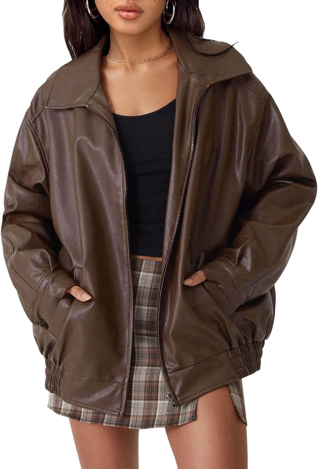 Women's Oversized Faux Leather Moto Jacket Zip Up