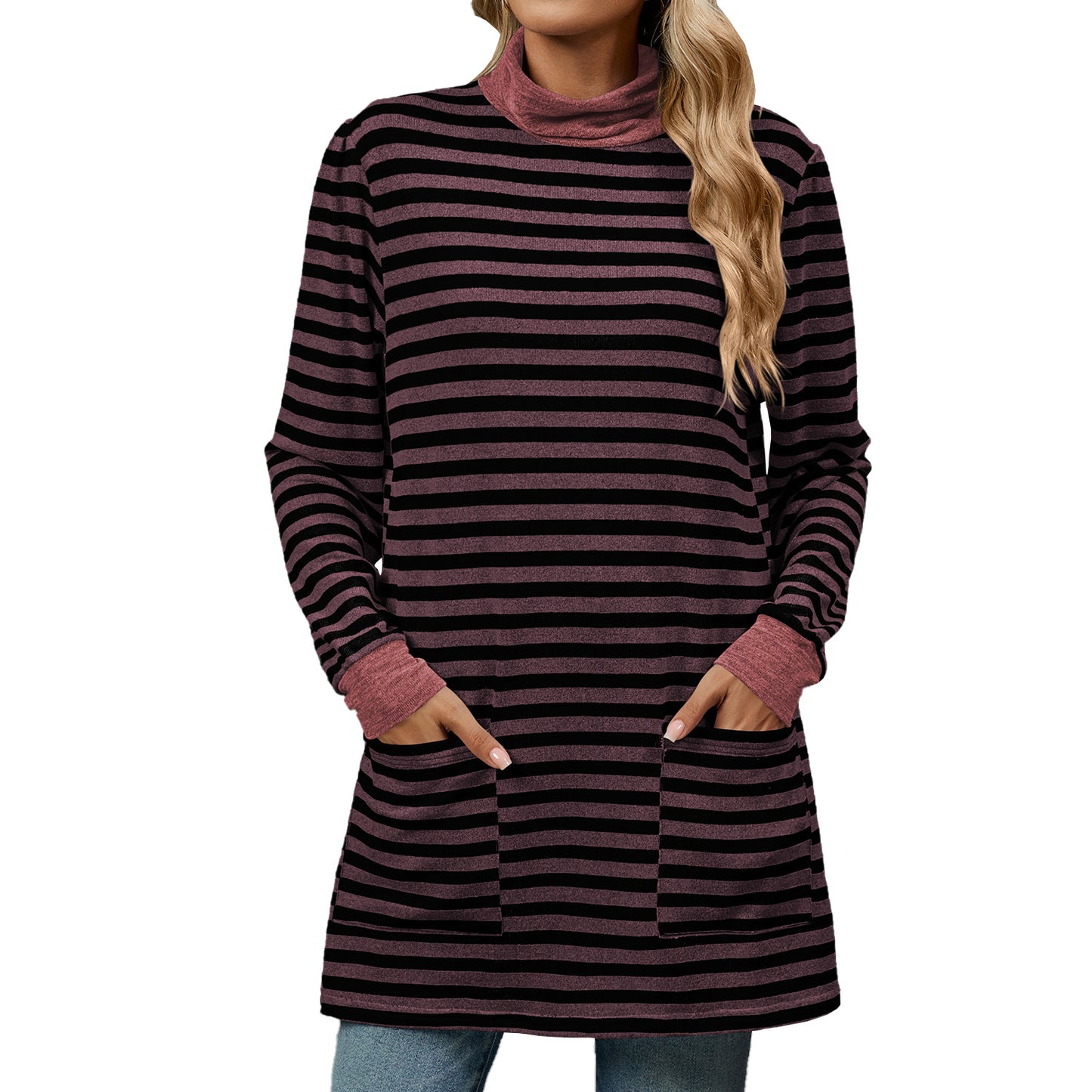Oversized Striped Turtleneck Tunic Long Sleeve with Pockets