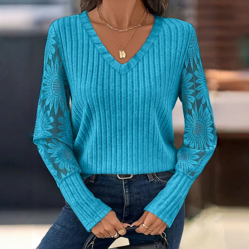Women's V-Neck Lace Sleeve Ribbed Long Sleeve Top
