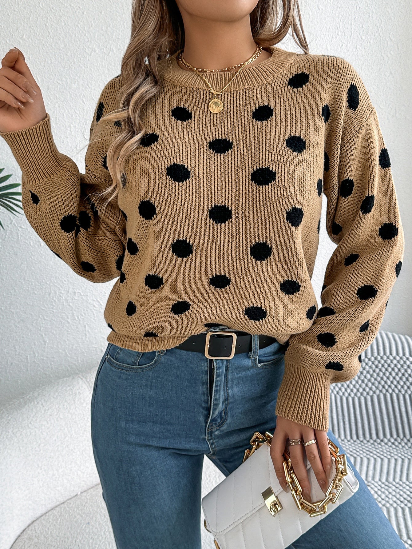 Polka Dot Knit Sweater Long Sleeve Casual Pullover