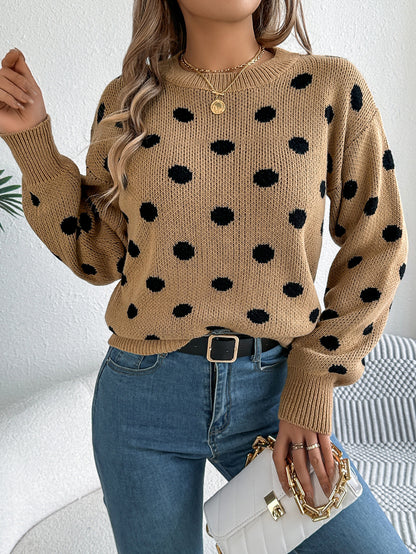 Polka Dot Knit Sweater Long Sleeve Casual Pullover