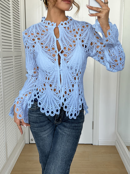 Women's Crochet Lace Button Front Blouse with Bell Sleeves