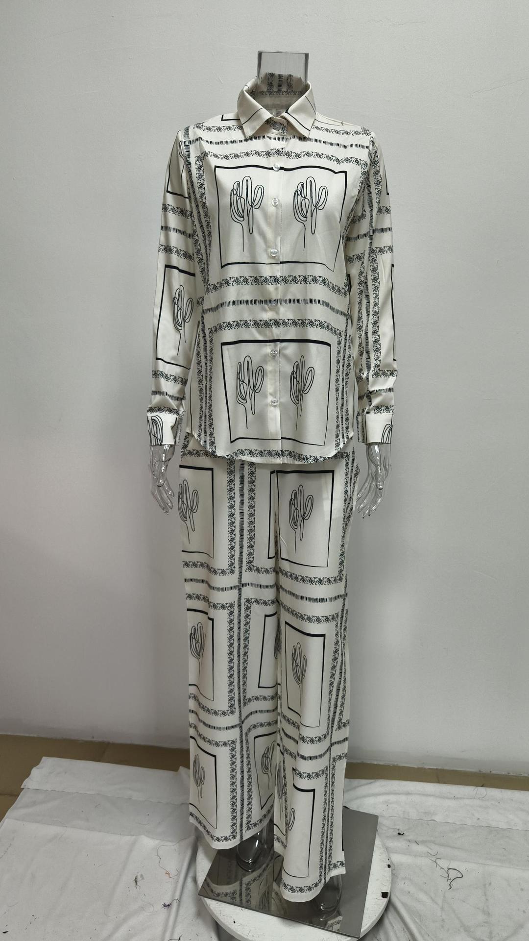 Boho Printed Button Down Shirt Wide Leg Pants Matching Set
