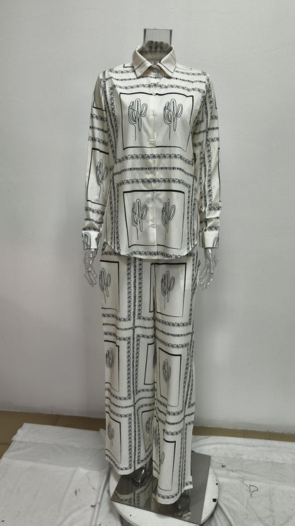 Boho Printed Button Down Shirt Wide Leg Pants Matching Set
