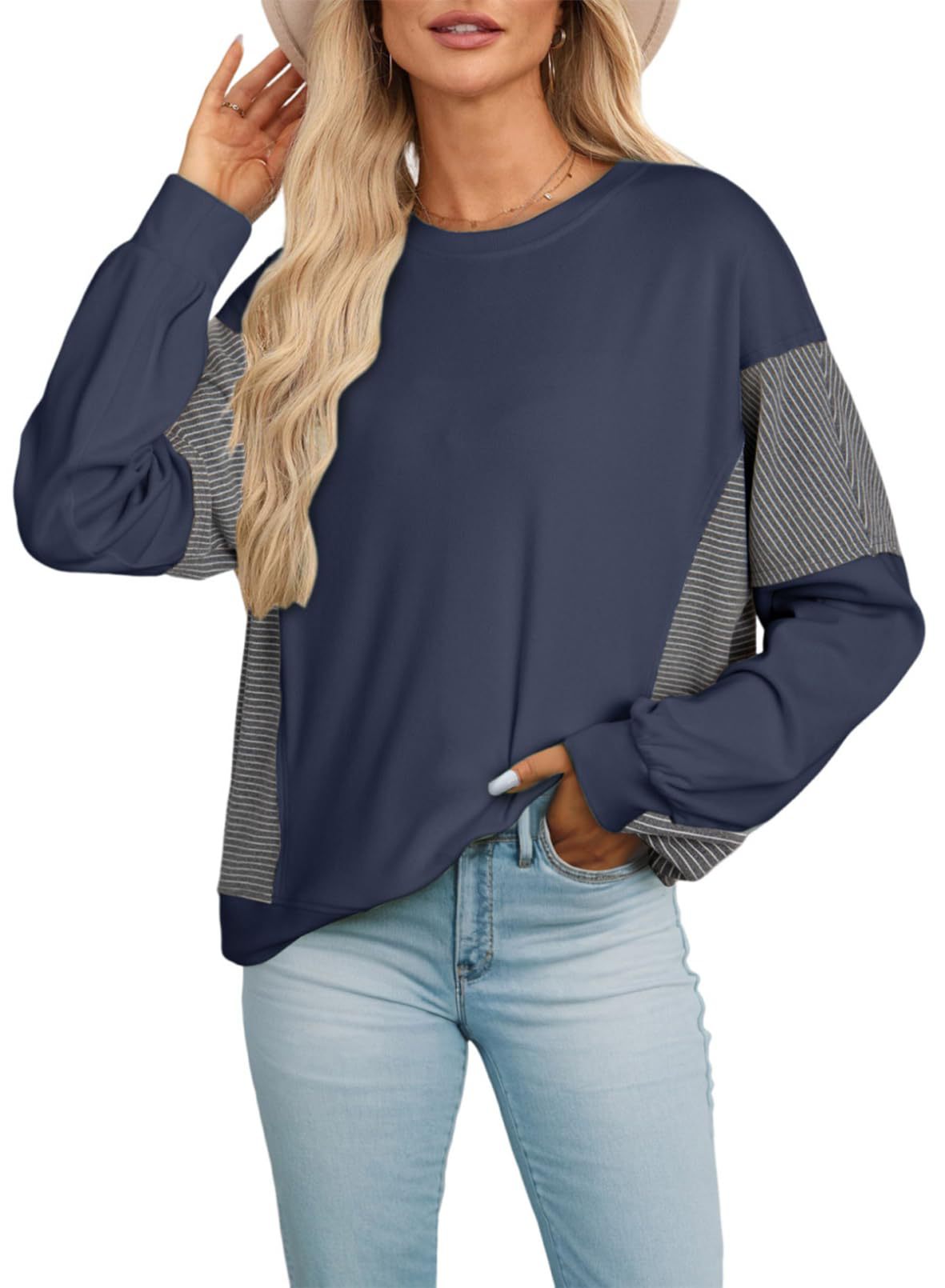 Colorblock Striped Sweatshirt Women Casual Pullover Top