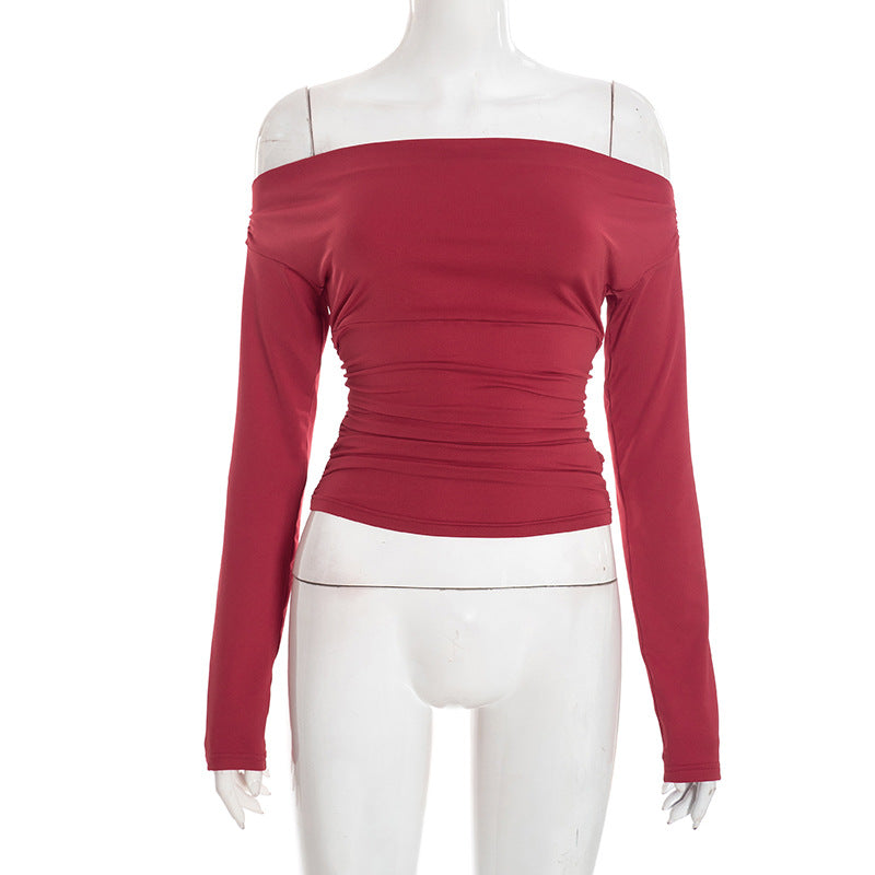 Women's Off Shoulder Ruched Long Sleeve Fitted Crop Top