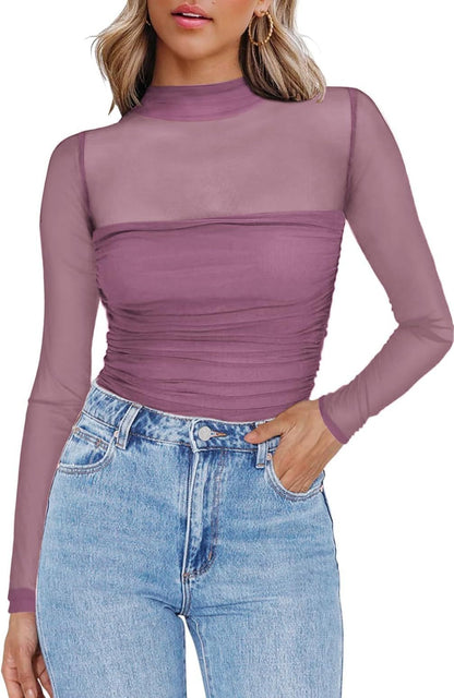 Y2K Mesh Semi-Turtleneck Long Sleeve Sexy T-Shirt
