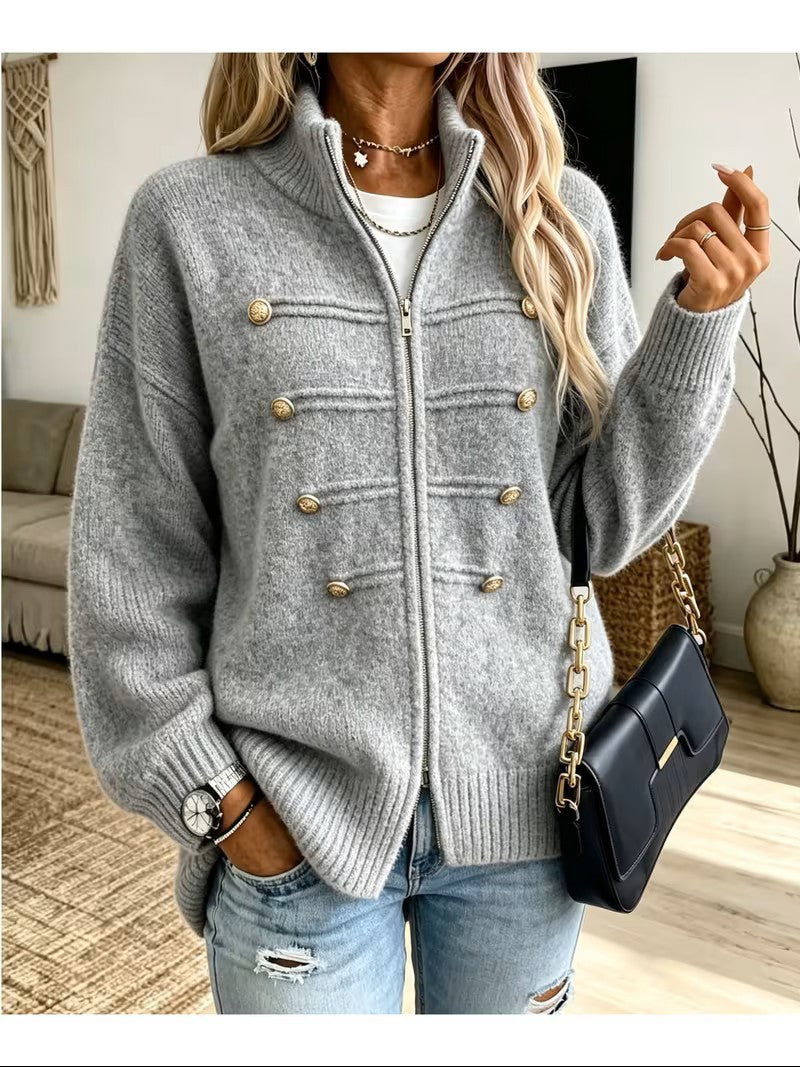 Womens Oversized Zip Up Cardigan Button Detail Mock Neck