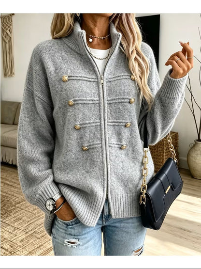 Womens Oversized Zip Up Cardigan Button Detail Mock Neck